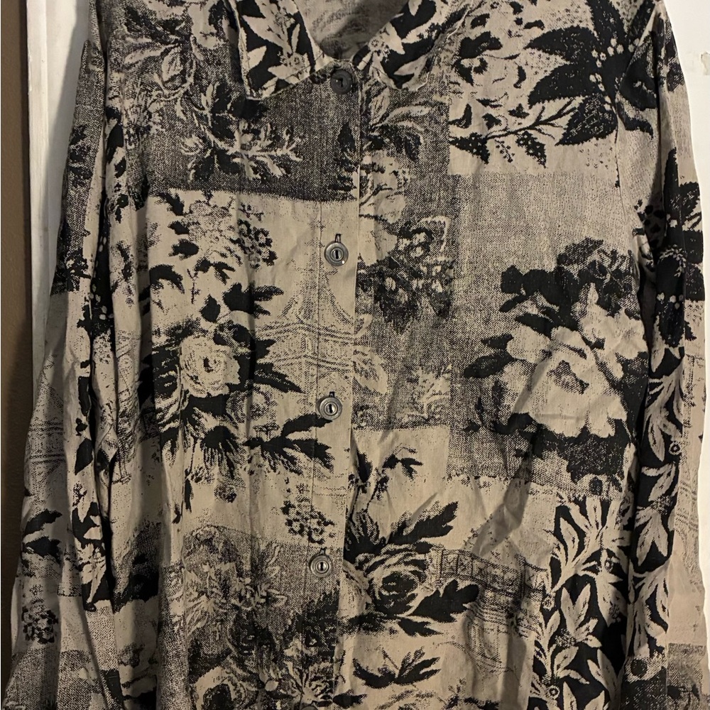 Black and Cream Floral Button-Up Shirt linen hot cotton Marc Ware beachy size xl